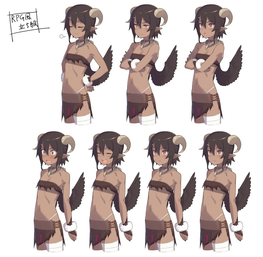 &gt;:o 1girl :d :o =3 @_@ ^_^ bandeau bangs black_hair black_skirt blush chains closed_eyes closed_mouth concept_art crossed_arms d:&lt; dark_skin expressions eyebrows_visible_through_hair flat_chest hair_between_eyes hands_on_hips highres kinta_(distortion) light_smile miniskirt multiple_views open_mouth orange_eyes original pointy_ears short_hair_with_long_locks simple_background skirt smile smug sweatdrop thigh-highs torn_clothes torn_skirt upper_body white_background