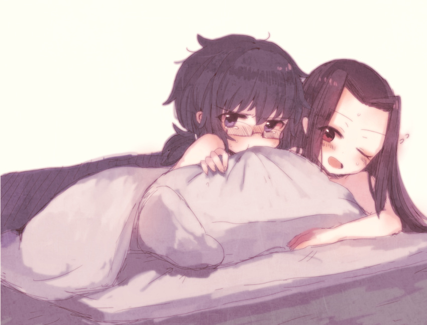 2girls 32_(rt_32_bbk) blush flying_sweatdrops futon girls_und_panzer glasses long_hair multiple_girls one_eye_closed open_mouth oryou_(girls_und_panzer) pillow pillow_bite pout rt_32_bbk saemonza short_hair tears under_covers yuri