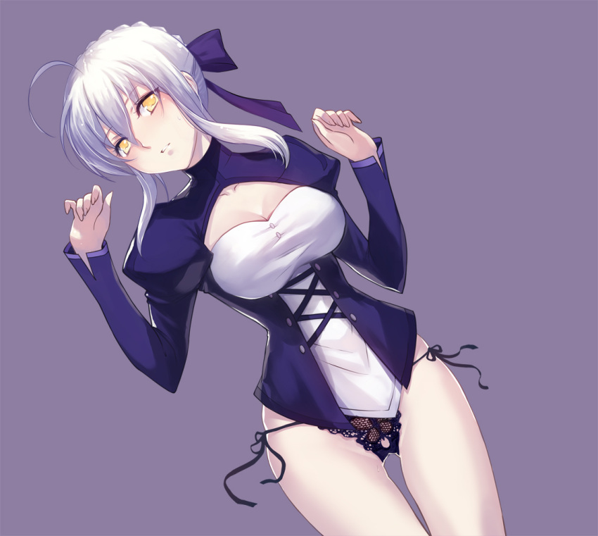 1girl ahoge bangs black_panties black_ribbon blush bow breasts buttons cleavage cleavage_cutout commentary_request dutch_angle eyebrows_visible_through_hair fate/stay_night fate_(series) hair_between_eyes hair_bow head_tilt juliet_sleeves lingerie long_sleeves looking_at_viewer medium_breasts no_pants panties parted_lips puffy_sleeves purple_background purple_bow ribbon saber saber_alter side-tie_panties sidelocks silver_hair simple_background solo standing sweat thigh_gap thighs underwear w_arms xion32 yellow_eyes