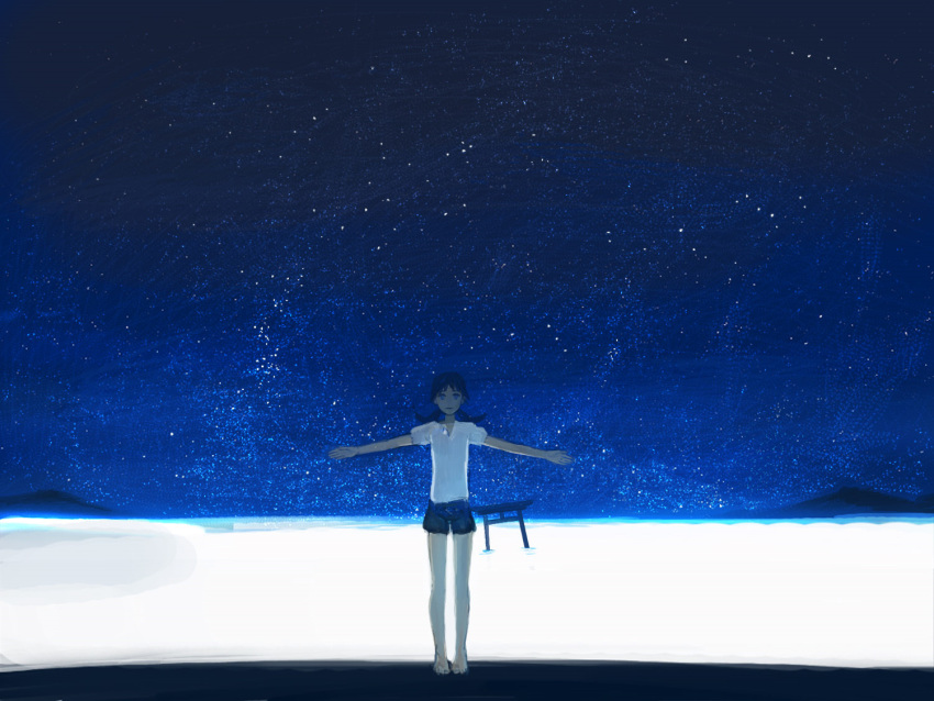 1girl barefoot blue_eyes narutaru night night_sky ocean outstretched_arms revision shirt shorts sime_(echo) sky solo spread_arms star_(sky) starry_sky t-shirt tamai_shiina torii twintails