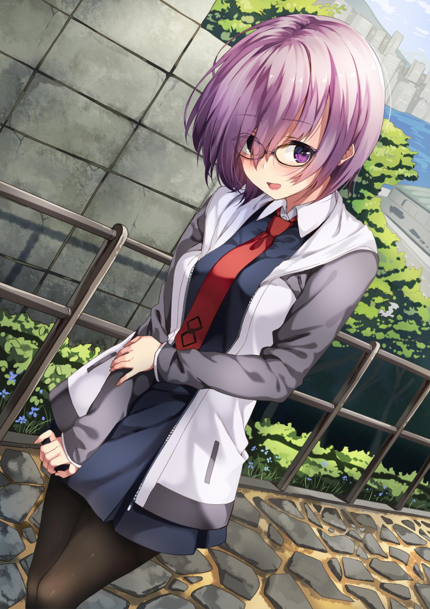 1girl bangs black-framed_eyewear black_dress black_legwear blush day dress dutch_angle eyebrows_visible_through_hair fate/grand_order fate_(series) glasses hair_over_one_eye highres hood hoodie looking_at_viewer necktie open_clothes open_hoodie open_mouth outdoors pantyhose path purple_hair railing red_necktie road shielder_(fate/grand_order) short_hair smile solo standing thighs unasaka_ryou violet_eyes
