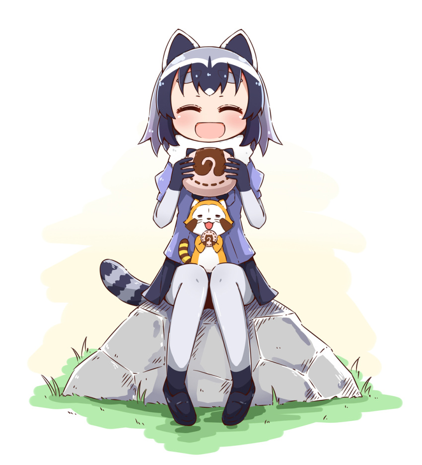 :3 :d =_= ^_^ animal animal_ears araiguma_rascal black_gloves black_hair black_shoes black_skirt blue_shirt blush closed_eyes common_raccoon_(kemono_friends) crossover eyebrows_visible_through_hair food full_body fur_collar gloves grass grey_legwear highres holding holding_food japari_bun kemono_friends knees_together_feet_apart loafers multicolored_hair open_mouth pleated_skirt puffy_short_sleeves puffy_sleeves raccoon raccoon_ears raccoon_tail rascal_(araiguma_rascal) rock shirt shoes short_sleeves silver_hair sitting skirt smile striped_tail tail thick_eyebrows toshi_mellow-pretty white_background white_hair