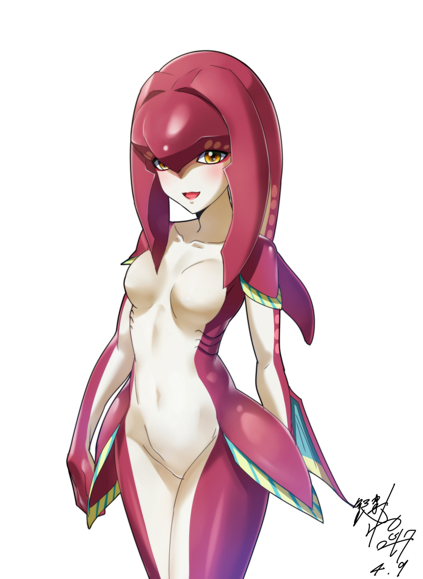 1girl :d absurdres blush breasts collarbone fins fish_girl highres kagiyama_(gen'ei_no_hasha) lips looking_at_viewer mipha navel open_mouth pink_lips simple_background smile solo the_legend_of_zelda the_legend_of_zelda:_breath_of_the_wild white_background yellow_eyes zora