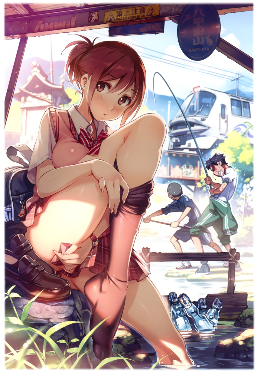 1girl 2boys absurdres bag black_hair black_legwear blush bow bowtie breast_press breasts brown_eyes brown_hair covering covering_crotch feet fingernails fishing_rod ground_vehicle highres huge_filesize kneehighs leg_up legs lips loafers long_fingernails looking_at_viewer medium_breasts multiple_boys original plaid plaid_skirt pleated_skirt ramune scan school_bag school_uniform shoes shoes_removed short_hair shoulder_bag single_thighhigh sitting skirt soaking_feet sweat sweater_vest thigh-highs train undressing vania600 watch watch water