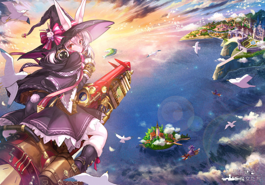 1girl animal_ears bird bunny_girl bunny_tail cat cloak evening fantasy flying fur-trimmed_boots fur_trim goggles goggles_on_head grey_hair hair_between_eyes hat horizon hoshi_wo_mawaru_majoutachi island lens_flare looking_at_viewer looking_back ocean original outdoors pantyhose pierorabu rabbit_ears red_eyes seagull silver_hair solo_focus tail white_legwear witch witch_hat