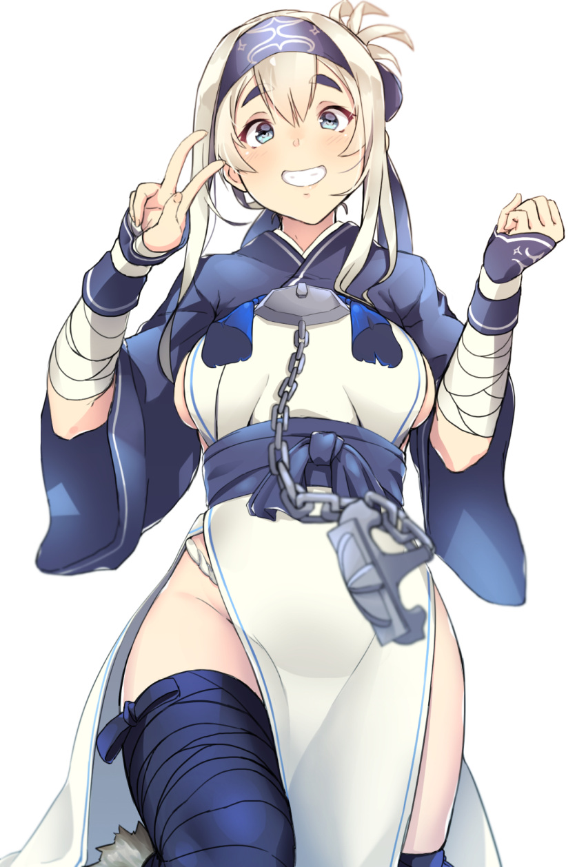 1girl :d ainu ainu_clothes anchor arm_wrap bandanna black_legwear blue_eyes boots breasts chains cropped_jacket dress folded_ponytail headband highres kamoi_(kantai_collection) kantai_collection long_hair long_sleeves looking_at_viewer okamen open_mouth sideboob sidelocks simple_background sleeveless sleeveless_dress smile solo teeth thick_eyebrows thigh-highs thigh_boots v white_background white_hair wrist_guards