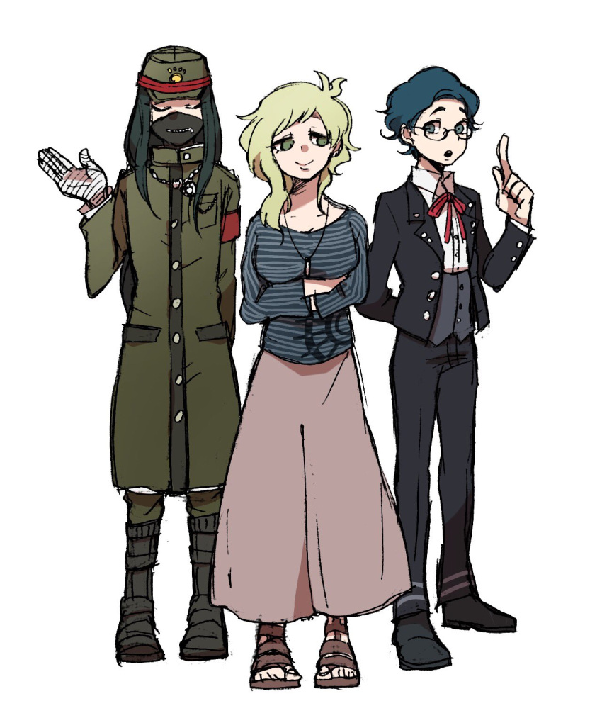 10s 1boy 2girls amami_rantarou armband bandage bandaged_hands black_hair blue_hair blue_shirt crossed_arms dangan_ronpa dress full_body genderswap genderswap_(ftm) genderswap_(mtf) glasses green_eyes green_hair hat highres inahara index_finger_raised long_hair long_skirt looking_at_viewer mask multiple_girls new_dangan_ronpa_v3 orange_ribbon peaked_cap ribbon sandals school_uniform shinguuji_korekiyo shirogane_tsumugi shirt skirt smile striped striped_shirt