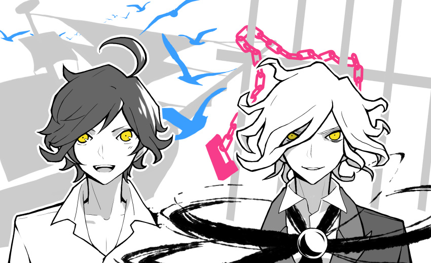 2boys age_comparison before_and_after bird chains cravat darkness dual_persona edmond_dantes_(fate/grand_order) fate/grand_order fate_(series) greyscale headshot highres monochrome multiple_boys open_collar prison ship short_hair spot_color watercraft wavy_hair yellow_eyes younger