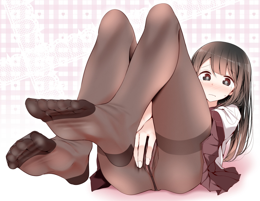 1girl ass bangs between_legs blunt_bangs blush bright_pupils brown_hair brown_skirt closed_mouth covering covering_crotch crotch_seam eyebrows_visible_through_hair feet fingernails floral_print foreshortening frown hand_between_legs highres knees_up lace lace-trimmed_panties legs legs_together legs_up long_hair looking_at_viewer lying miniskirt no_shoes nose_blush on_back oouso_(usotsukiya) original panties panties_under_pantyhose pantyhose pantyshot pantyshot_(lying) pink_panties pleated_skirt pov_feet raised_eyebrows shirt short_sleeves skirt soles solo sweat tareme thighband_pantyhose toenails toes underwear upskirt white_shirt