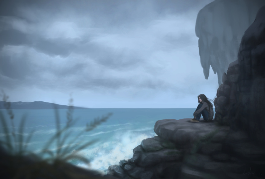 1girl black_hair blurry cliff clouds cloudy_sky denim depth_of_field full_body gohpot highres horizon jeans leg_hug ocean original pants plant scenery shoes sitting sky sneakers solo turtleneck