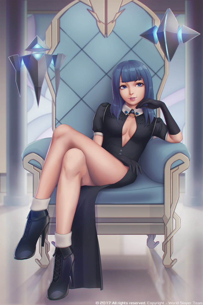 1girl bangs black_dress black_shoes blue_eyes blue_hair blunt_bangs breasts cleavage_cutout collared_dress commentary copyright_name dated dress elbow_gloves elza_valcorice eyebrows_visible_through_hair full_body gloves high_heels highres legs legs_crossed lips long_hair looking_at_viewer miura-n315 mole mole_over_mouth nose on_chair parted_lips puffy_short_sleeves puffy_sleeves purple_lips reflection shoes short_sleeves sitting small_breasts smile teeth world_slayer