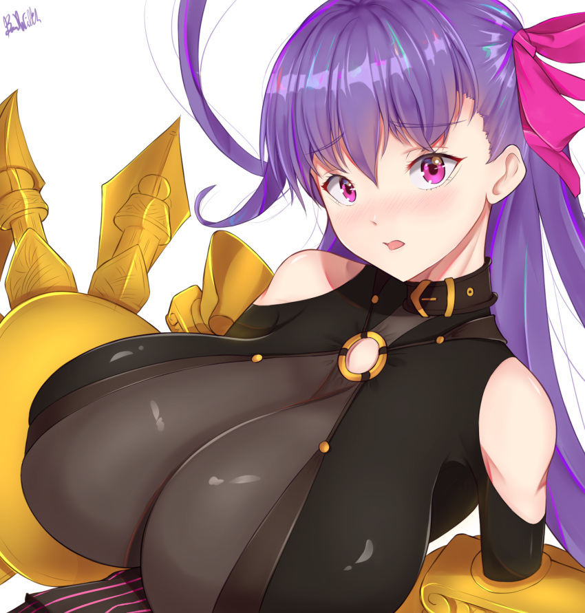 1girl bare_shoulders belt_collar blackwatchar bodysuit bow breasts claws cleavage fate/extra fate/extra_ccc fate/grand_order fate_(series) gigantic_breasts hair_bow hair_ribbon highres long_hair parted_lips passion_lip pink_eyes purple_hair ribbon simple_background solo very_long_hair white_background