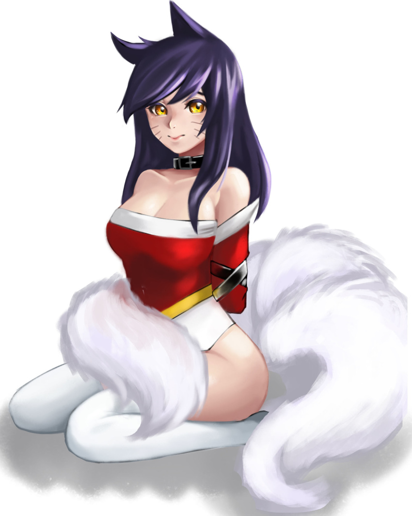 1girl absurdres ahri animal_ears bare_shoulders black_hair breasts cleavage collarbone detached_sleeves facial_mark fox_ears fox_tail highres korean_clothes large_breasts league_of_legends lips long_hair multiple_tails simple_background sitting slit_pupils solo tail thigh-highs whisker_markings white_background white_legwear yellow_eyes