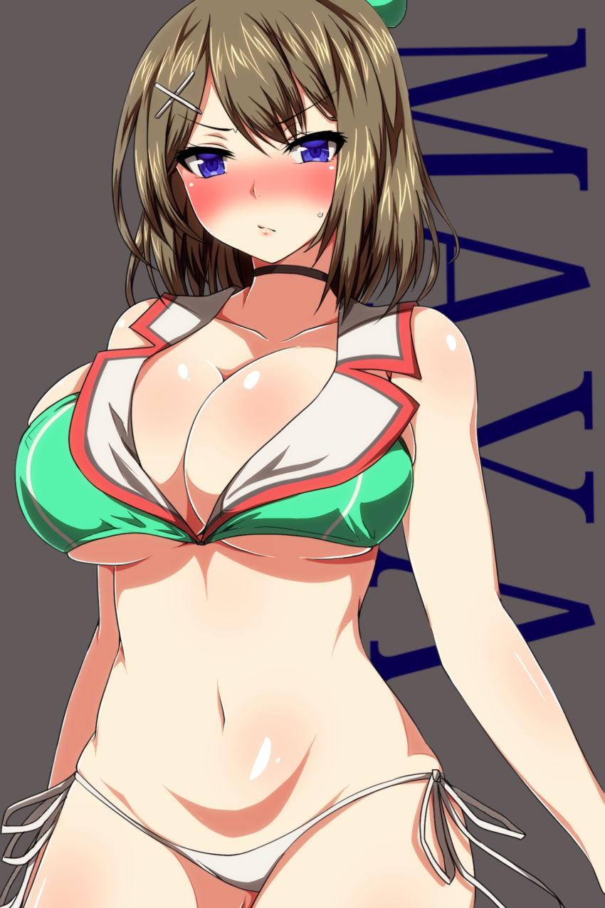 1girl :/ ar_(lover_boy) bare_arms bare_shoulders blush breasts brown_hair choker cleavage closed_mouth collarbone cowboy_shot crop_top crop_top_overhang hair_ornament hat highres kantai_collection large_breasts looking_at_viewer maya_(kantai_collection) mini_hat navel nose_blush panties remodel_(kantai_collection) side-tie_panties solo stomach under_boob underwear violet_eyes white_panties x_hair_ornament