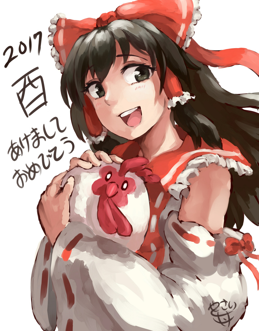 1girl 2017 absurdres akeome bird black_eyes black_hair bow chicken detached_sleeves hair_bow hair_tubes hakurei_reimu highres long_hair new_year nontraditional_miko open_mouth sidelocks signature simple_background smile solo touhou traditional_media upper_body white_background wide_sleeves yasaidon year_of_the_rooster