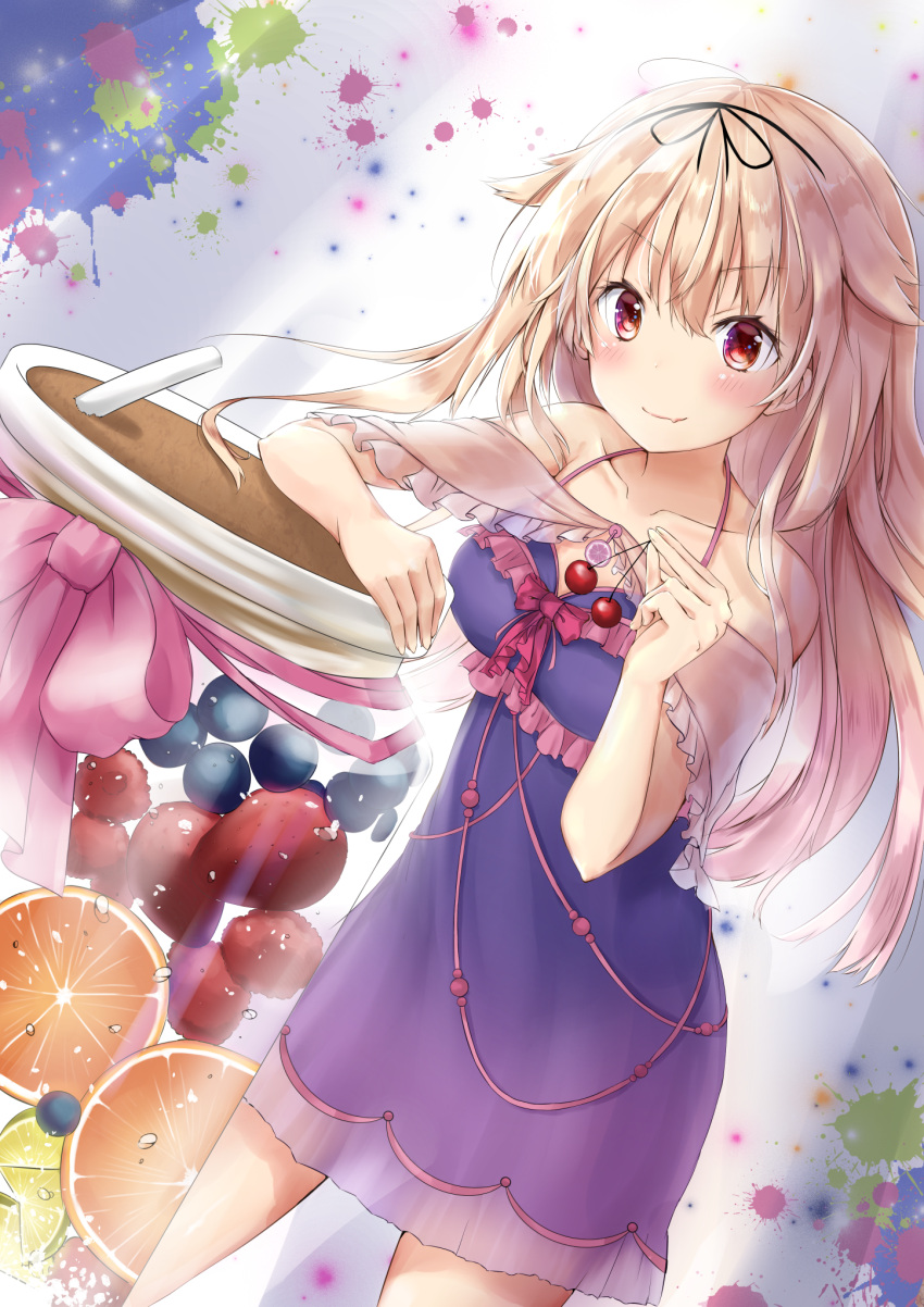 1girl arm_rest bare_shoulders black_ribbon blonde_hair blue_dress blueberry cherry collarbone dress food frills fruit hair_flaps hair_ribbon highres holding holding_fruit ichinose_kizuki kantai_collection lemon looking_at_viewer orange red_eyes ribbon smile solo standing yuudachi_(kantai_collection)