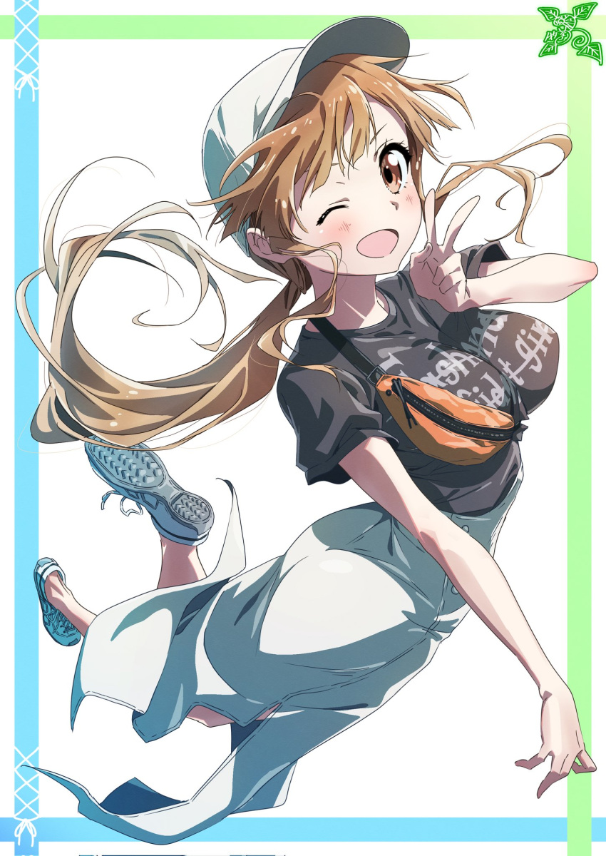1girl baseball_cap black_shirt breasts brown_eyes brown_hair hat highres large_breasts long_hair long_skirt looking_at_viewer low_ponytail one_eye_closed open_mouth original pink_x shirt shoes signature skirt smile sneakers solo v white_footwear white_headwear white_skirt