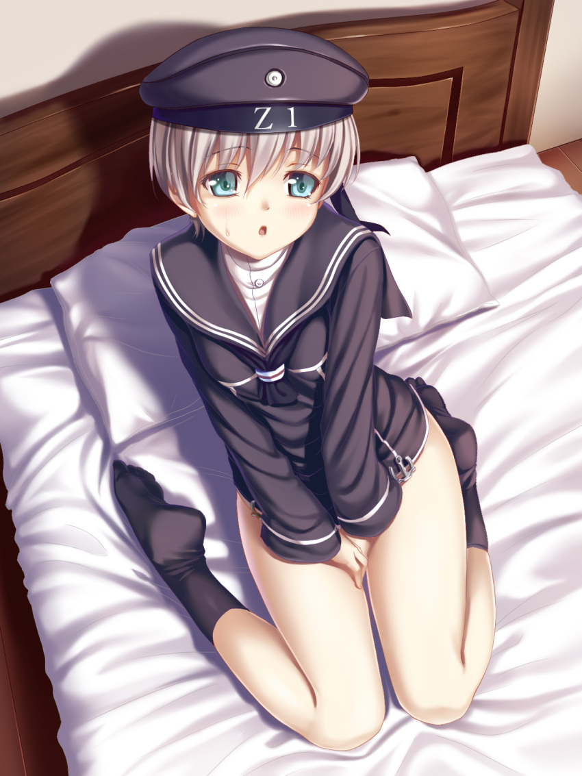 1girl :o bangs bed bed_sheet beret between_legs black_dress black_hat black_legwear blue_eyes blush breasts character_name clothes_writing commentary_request covering covering_crotch dress from_above hand_between_legs hat highres kantai_collection kneehighs knees_together_feet_apart kukuri_(ahagon) legs long_sleeves looking_up no_shoes on_bed open_mouth pillow sailor_dress short_dress short_hair silver_hair sitting small_breasts solo sweat tareme wariza z1_leberecht_maass_(kantai_collection)