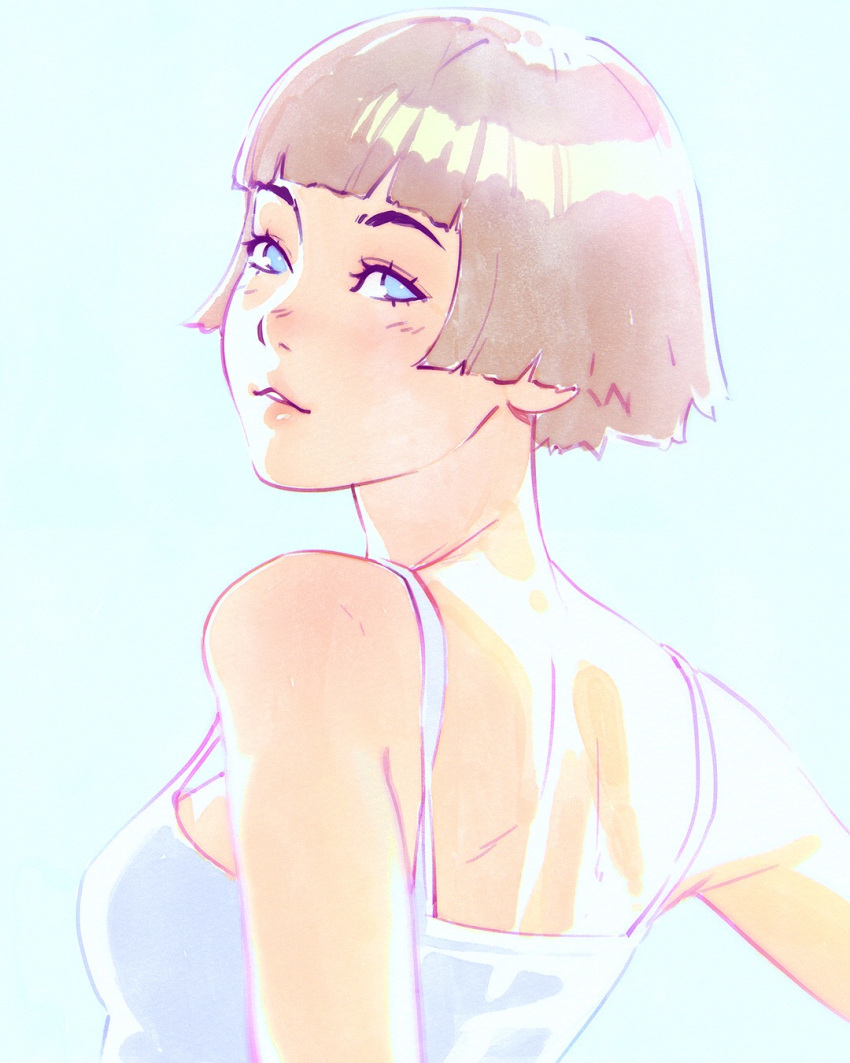 1girl blue_eyes brown_hair dress highres ilya_kuvshinov looking_at_viewer looking_back original parted_lips short_hair simple_background solo