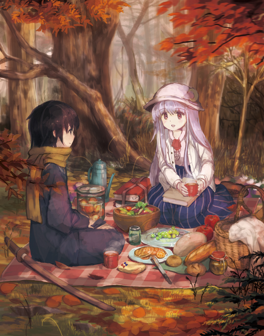 2girls apple baguette black_hair blanket blush book bread brown_eyes character_request coffee coffee_mug crescent crescent_moon_pin eyebrows_visible_through_hair food fruit grapes hat highres jar katana kettle knife kouka_(mrakano5456) long_hair looking_at_another multiple_girls open_mouth orange orange_slice patchouli_knowledge picnic picnic_basket purple_hair scarf seiza sheath sheathed short_hair sitting smile sword touhou violet_eyes weapon white_hat yellow_scarf