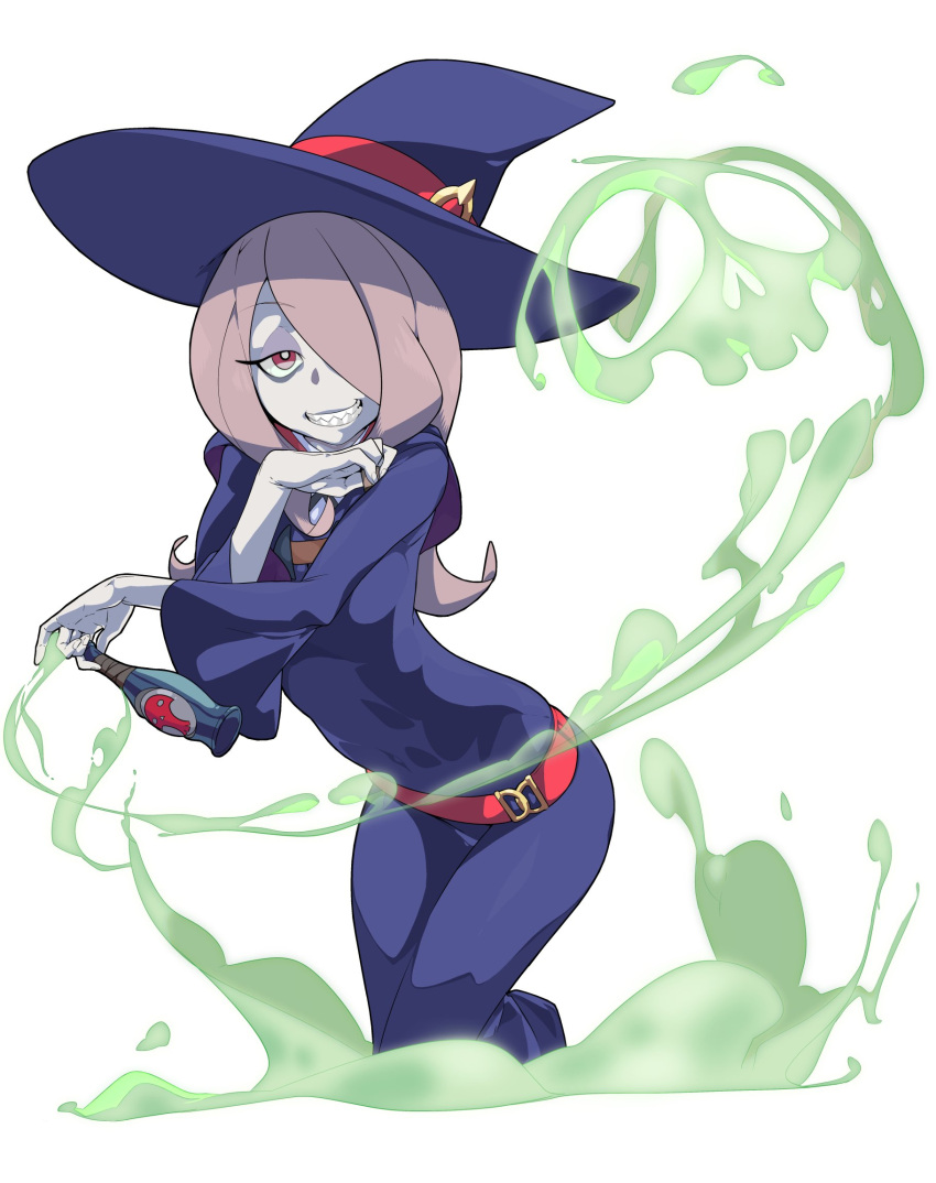 1girl guido_(sucurapu) hair_over_one_eye highres little_witch_academia long_hair looking_at_viewer purple_hair red_eyes school_uniform sharp_teeth simple_background smile solo sucy_manbavaran teeth white_background witch