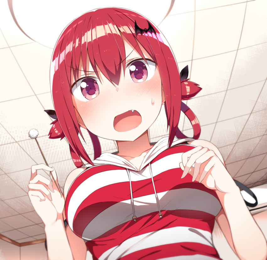 &gt;:o 1girl 5240mosu :o bangs bare_arms bare_shoulders bat_hair_ornament black_ribbon blush breasts casual ceiling ceiling_light collarbone commentary_request dutch_angle eyebrows_visible_through_hair fang from_below gabriel_dropout hair_between_eyes hair_ornament hair_ribbon hair_rings highres holding hood hoodie indoors kurumizawa_satanichia_mcdowell large_breasts looking_at_viewer looking_down mimikaki open_mouth redhead ribbon shiny shiny_hair shirt short_hair sleeveless sleeveless_shirt solo strap_slip striped striped_shirt sweat sweatdrop tile_ceiling tiles upper_body violet_eyes