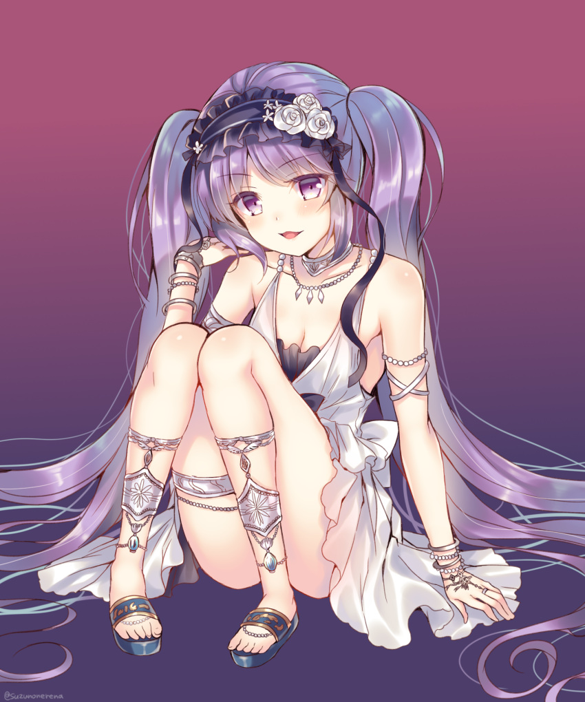 1girl :d arm_support armlet armpits bangs bare_shoulders blush bracelet breasts choker cleavage convenient_censoring dress euryale fate/hollow_ataraxia fate_(series) full_body hairband highres jewelry lolita_hairband long_hair looking_at_viewer medium_breasts necklace open_mouth purple_hair sandals sitting smile solo suzune_rena thighlet twintails very_long_hair violet_eyes white_dress