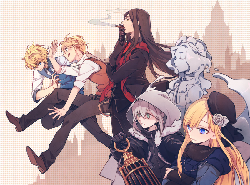 3boys 3girls :q ahoge arm_up bangs birdcage black_gloves black_hair black_hat black_jacket black_pants blonde_hair blue_eyes blue_necktie blue_vest bonnet brown_eyes brown_gloves brown_pants brown_shoes cage cigar cityscape cloak closed_eyes closed_mouth crossed_arms expressionless fate_(series) flat_eskardos flower from_side full_body fur_collar gloves goo_girl gray_(lord_el-melloi_ii) green_eyes grey_hair hair_flower hair_ornament half-closed_eyes hat holding hood hood_up hooded_cloak jacket lantern long_hair long_sleeves looking_away lord_el-melloi_ii lord_el-melloi_ii_case_files maid_headdress midair monster_girl multiple_boys multiple_girls nasnotte necktie open_clothes open_jacket pants parted_lips profile red_necktie red_vest reines_archisorte_el-melloi shaded_face shirt shoes short_hair sidelocks simple_background sleeves_past_elbows sleeves_pushed_up smoking standing svin_glascheit tongue tongue_out trimmau upper_body very_long_hair vest waistcoat waver_velvet white_shirt