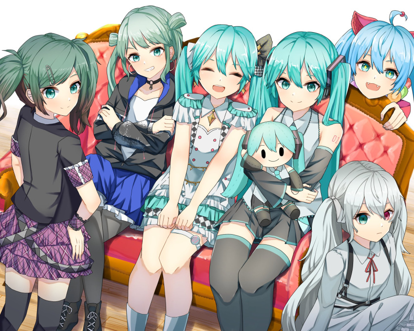 6+girls ahoge aqua_eyes aqua_hair aqua_neckwear bare_shoulders black_jacket black_shirt black_skirt black_sleeves blue_hair blue_skirt character_doll closed_eyes couch detached_sleeves doll expressionless green_hair grey_hair grey_shirt grin hair_ornament hands_on_hips hatsune_miku headphones heterochromia highres holding holding_doll jacket jewelry long_hair looking_at_viewer medium_hair miniskirt multiple_girls necktie nonnon_2012 pantyhose paperclip paperclip_hair_ornament pendant pleated_skirt pom_pom_(clothes) project_sekai purple_skirt sanpati_(style) shirt short_sleeves shoulder_tattoo sitting skirt sleeveless sleeveless_shirt smile stuffed_toy tattoo twintails very_long_hair violet_eyes vocaloid white_shirt