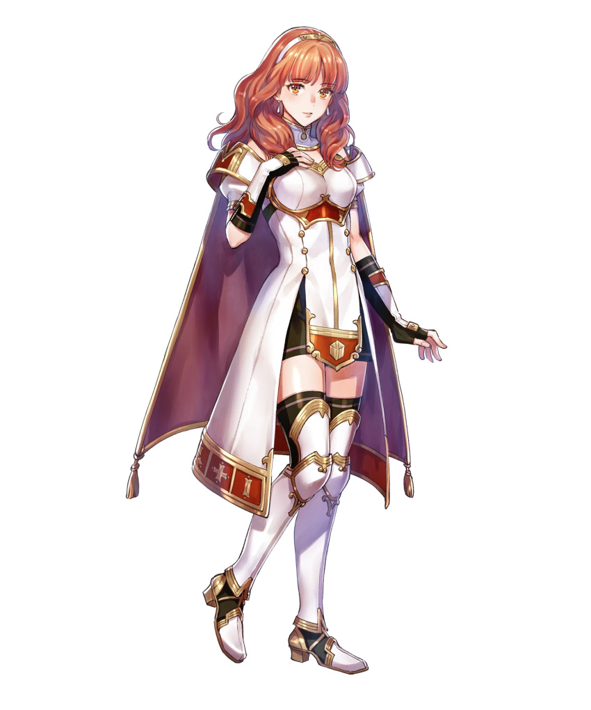 1girl arm_guards armor armored_boots bangs black_legwear boots breastplate cape celica_(fire_emblem) detached_collar dress earrings eyebrows_visible_through_hair fingerless_gloves fire_emblem fire_emblem_echoes:_mou_hitori_no_eiyuuou fire_emblem_heroes full_body furikawa_arika gloves hair_ornament hairband hand_on_own_chest highres jewelry long_hair looking_at_viewer puffy_sleeves red_eyes redhead short_sleeves solo thigh-highs tiara transparent_background zettai_ryouiki