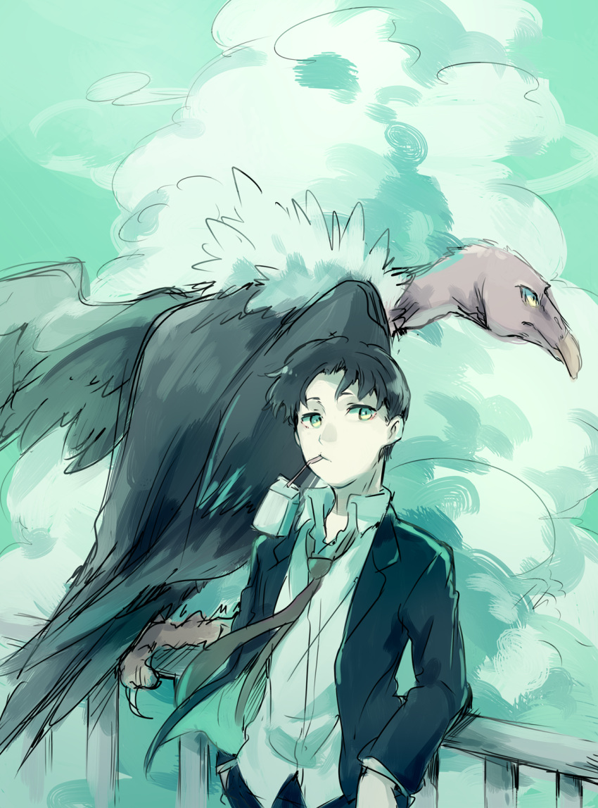 1boy animal asuna_(doruru-mon) bird black_hair blazer clouds green_eyes highres jacket juice_box looking_at_viewer necktie original railing school_uniform short_hair vulture yellow_eyes