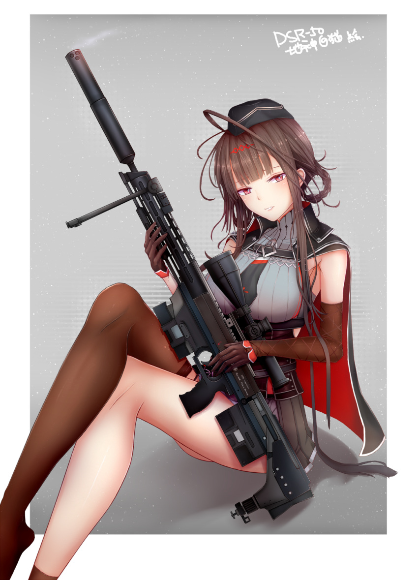 1girl brown_hair bullpup cape character_name chicami dsr-50_(girls_frontline) elbow_gloves girls_frontline gloves gun hair_ornament highres legs_crossed long_hair looking_at_viewer red_eyes rifle scope simple_background single_thighhigh smile smoke smoking_gun sniper_rifle solo suppressor thigh-highs weapon