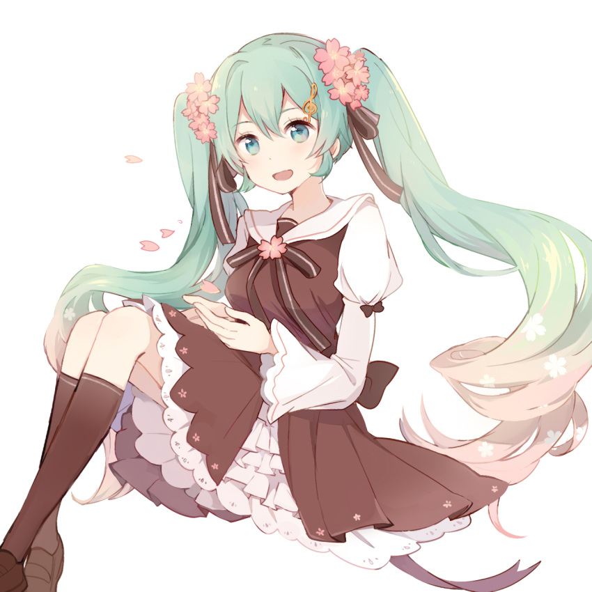 1girl :d alternate_costume aqua_eyes aqua_hair black_bow black_ribbon blush bow brown_dress brown_legwear brown_shoes cherry_blossoms chuko_miku dot_nose dress eyebrows_visible_through_hair flower frilled_skirt frills hair_between_eyes hair_flower hair_ornament hair_ribbon hairclip hatsune_miku highres juliet_sleeves kneehighs knees_up layered_skirt loafers long_hair long_sleeves looking_at_viewer maple_(57675110) multicolored_hair open_mouth outstretched_hand petals pink_hair puffy_sleeves ribbon sailor_collar sakura_miku shoes simple_background sitting skirt smile solo treble_clef twintails two-tone_hair very_long_hair vocaloid white_background white_sailor_collar white_skirt