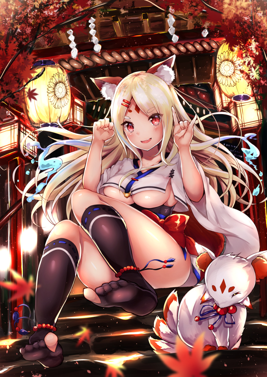 1girl \n/ animal_ears autumn_leaves black_legwear blonde_hair blush breasts convenient_leg crop_top crop_top_overhang fox fox_ears fox_tail full_body hair_ornament hairclip highres hitodama lampion lamppost leaf long_hair looking_at_viewer maple_leaf medium_breasts nontraditional_miko original parted_lips red_eyes shishoo_(vanura) shrine sitting sitting_on_stairs smile socks stairs tail tree under_boob wide_sleeves