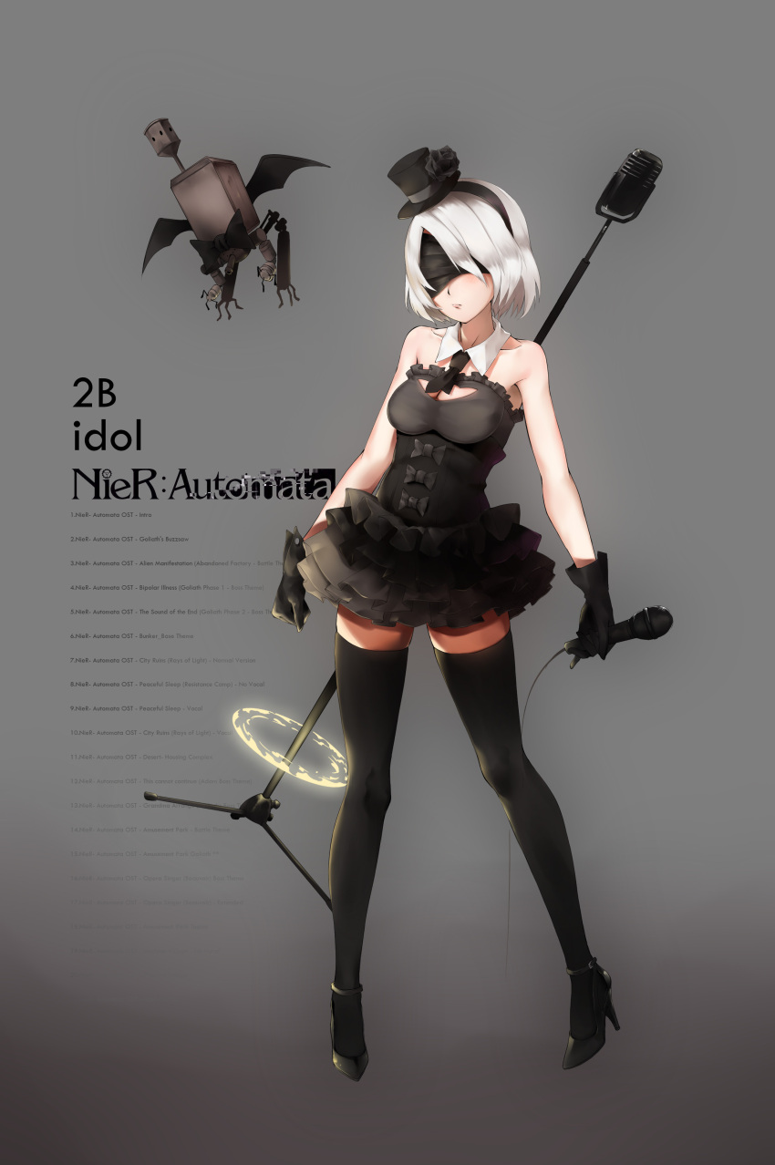 absurdres arms_at_sides bangs bare_arms bare_shoulders black_bow black_bowtie black_gloves black_hairband black_hat black_heels black_legwear black_necktie black_wings blush bob_cut bow bowtie breasts character_name cleavage cleavage_cutout closed_mouth collarbone commentary copyright_name detached_collar dress drone floating flower frilled_dress frilled_skirt frills full_body gloves gradient gradient_background grey_ribbon hair_over_one_eye hairband hat hat_flower hat_ribbon high_heels highres holding holding_microphone idol legs_apart machinery medium_breasts microphone microphone_stand mini_hat necktie nier_(series) nier_automata pod_(nier_automata) pumps red_flower red_rose ribbon robot rose short_dress short_hair short_necktie silver_hair skindentation skirt spread_wings standing sukai_makatsu thigh-highs wings yorha_no._2_type_b zettai_ryouiki