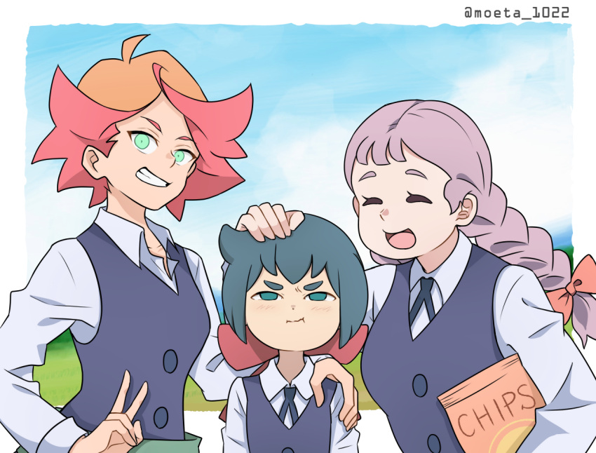 3girls :d :i ^_^ amanda_o'neill blush bow braid chips closed_eyes constanze_amalie_von_braunschbank-albrechtsberger food girl_sandwich grin hand_on_another's_shoulder happy jasminka_antonenko little_witch_academia looking_at_viewer multiple_girls nakajima_asuka open_mouth petting pink_bow potato_chips pout sandwiched school_uniform smile teeth twin_braids v wavy_mouth