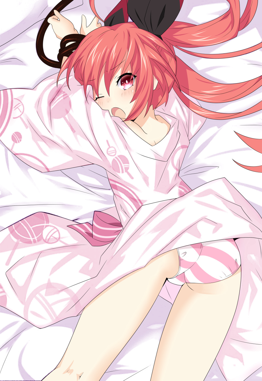 1girl absurdres black_ribbon colored date_a_live eyebrows_visible_through_hair from_above hair_between_eyes hair_ribbon highres itsuka_kotori japanese_clothes kimono long_hair looking_at_viewer looking_back lying on_stomach open_mouth panties qing_cui red_eyes redhead restrained ribbon solo striped striped_panties underwear very_long_hair
