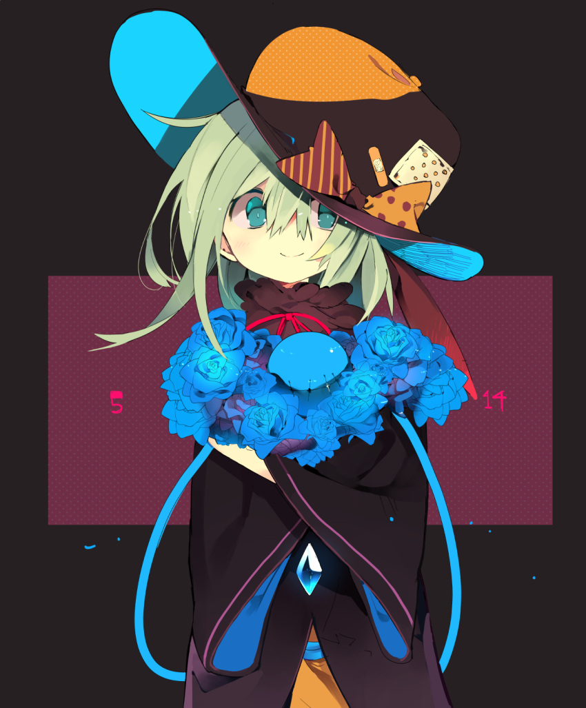 1girl aki_maki_yuu alternate_costume bandaid blue_rose flower green_eyes green_hair hair_between_eyes hat highres komeiji_koishi long_sleeves looking_at_viewer red_ribbon ribbon rose shirt smile solo third_eye touhou upper_body wide_sleeves yellow_shirt