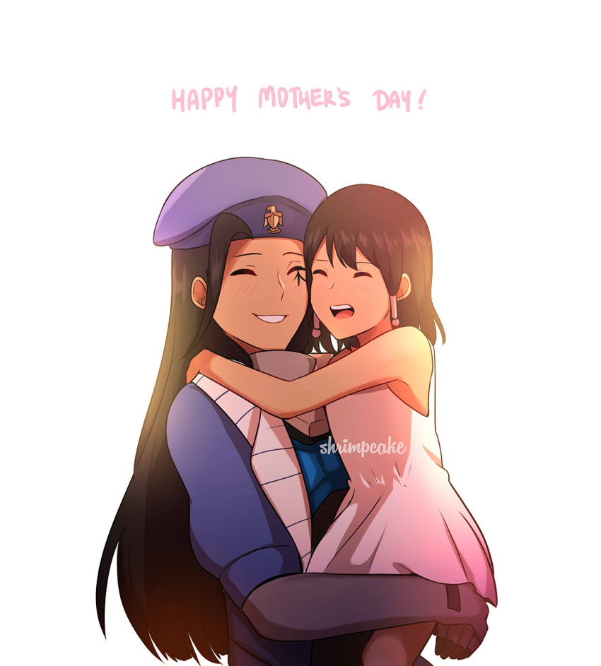 2girls :d ^_^ ana_(overwatch) artist_name beret brown_hair closed_eyes dress facial_tattoo hat highres hug long_hair military_hat mother's_day mother_and_daughter multiple_girls open_mouth overwatch pharah_(overwatch) pink_dress smile supershrimpcakes tattoo younger