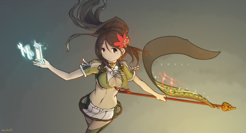 1girl amagi_(kantai_collection) bell brown_eyes brown_hair character_name cleavage_cutout hair_ornament high_ponytail highres jingle_bell kagura_suzu kantai_collection leaf leaf_hair_ornament long_hair maple_leaf mumyoudou pleated_skirt skirt smile solo twitter_username wide_ponytail