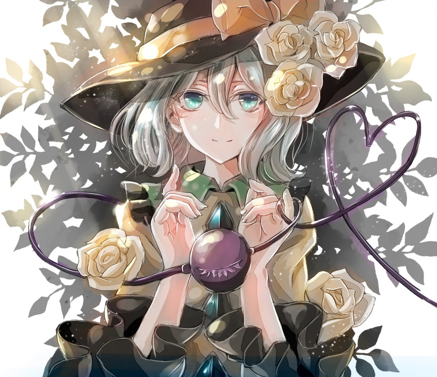 1girl black_hat bow closed_mouth eyeball flower frilled_shirt_collar frilled_sleeves frills green_eyes hair_between_eyes hair_flower hair_ornament hat hat_bow heart heart_of_string highres jan_(lightdragoon) koishi_day komeiji_koishi long_sleeves looking_at_viewer rose shirt silver_hair smile solo third_eye touhou upper_body yellow_bow yellow_rose yellow_shirt