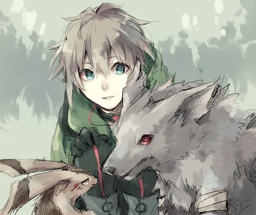 1boy animal aqua_eyes asuna_(doruru-mon) blonde_hair blue_eyes choker dog gloves grey_hair highres hood original rabbit red_eyes short_hair squatting wolf