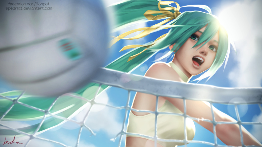 1girl ahoge bare_arms bare_shoulders blue_sky breasts clouds cloudy_sky crop_top day gohpot green_eyes green_hair hair_ornament hair_ribbon halter_top halterneck hatsune_miku highres lens_flare long_hair medium_breasts motion_blur nose open_mouth realistic ribbon signature sky sleeveless solo sun teeth twintails upper_body vignetting vocaloid volleyball volleyball_net yellow_ribbon