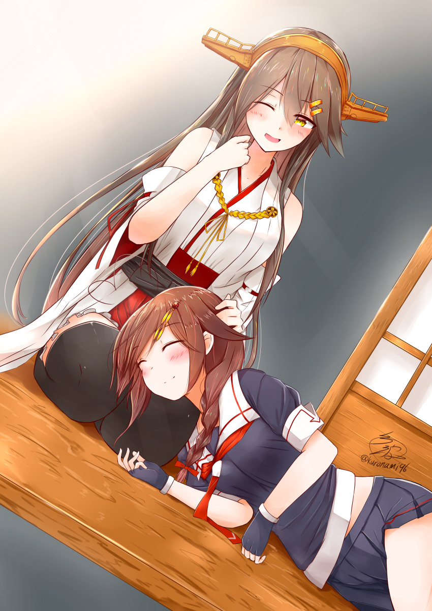 2girls ;d absurdres ahoge bare_shoulders black_gloves black_serafuku braid brown_hair closed_eyes commentary_request detached_sleeves expressive_hair fingerless_gloves gloves hair_flaps hair_ornament hair_over_shoulder hair_ribbon hairclip hand_on_another's_head haruna_(kantai_collection) headgear heart_ahoge highres japanese_clothes kantai_collection lap_pillow long_hair multiple_girls namikawa_kuroha necktie nontraditional_miko one_eye_closed open_mouth petting pleated_skirt remodel_(kantai_collection) ribbon school_uniform seiza serafuku shigure_(kantai_collection) signature single_braid sitting skirt smile thigh-highs twitter_username yellow_eyes