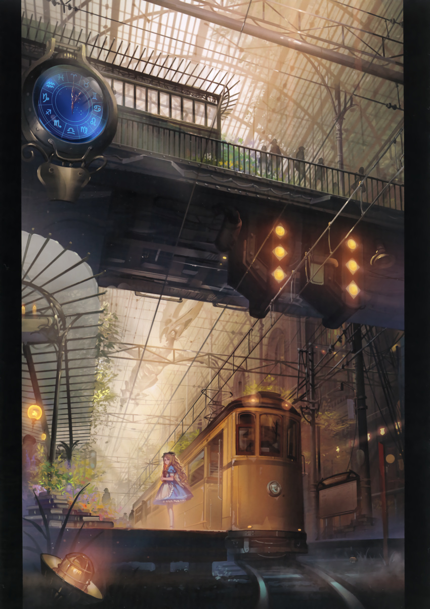 1girl absurdres alice_(wonderland) alice_in_wonderland alphonse_(white_datura) analog_clock apron artist_name blonde_hair blue_dress book bow bridge building clock dinosaur dress ground_vehicle hair_bow highres lamp lantern long_hair looking_at_viewer overhead_line pantograph plant power_lines puffy_short_sleeves puffy_sleeves railing railroad_tracks scenery short_sleeves silhouette skeleton train train_station waist_apron watermark zodiac