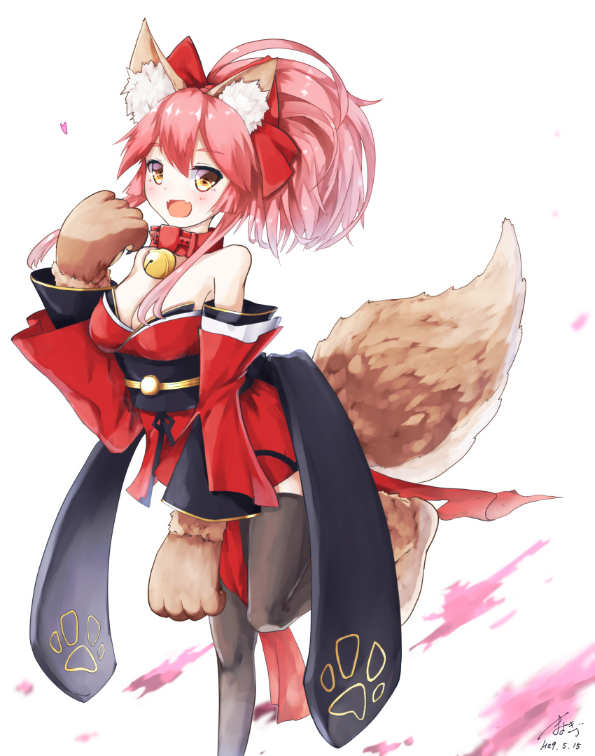 1girl absurdres animal_ears bad_id bad_pixiv_id bell bell_collar blush breasts cleavage collar dated fangs fate/grand_order fate_(series) fox_ears fox_tail hair_ribbon highres large_breasts long_hair looking_at_viewer mayogii open_mouth paws pink_hair ribbon signature solo tail tamamo_(fate)_(all) tamamo_cat_(fate) yellow_eyes
