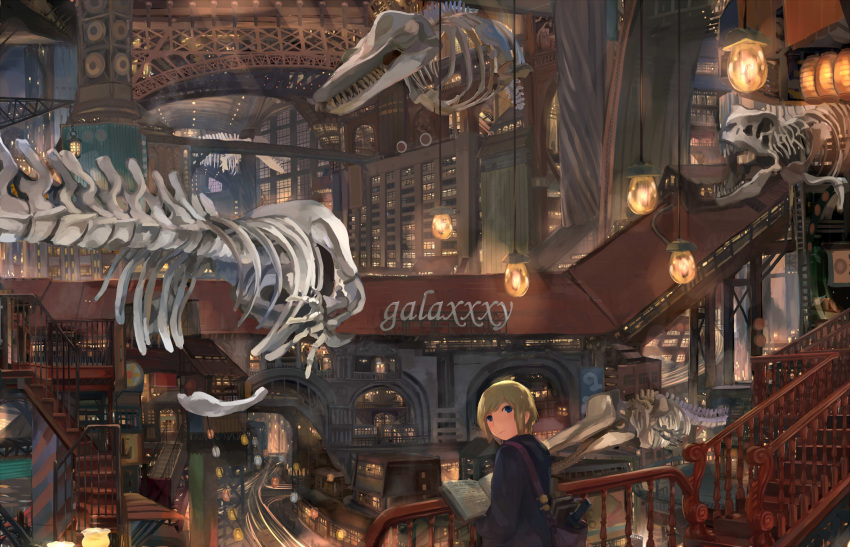 1boy blonde_hair blue_eyes bone book dlkdhy fossil highres holding holding_book lamp lantern light_bulb looking_at_viewer looking_back open_book original short_hair solo stairs