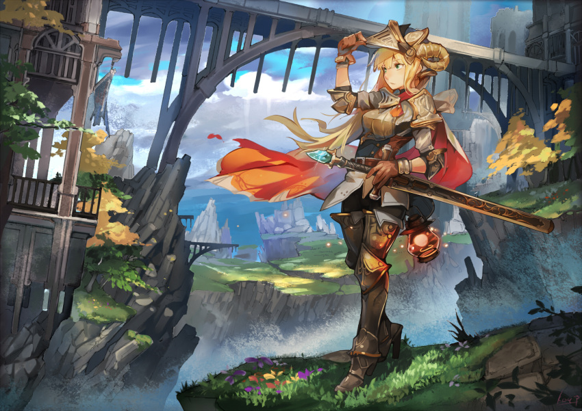 1girl armor blonde_hair bridge brown_gloves cape cocoaore eyebrows_visible_through_hair gloves green_eyes helmet holding holding_sword holding_weapon lantern long_hair looking_away original red_cape scenery sheath sheathed solo sword weapon