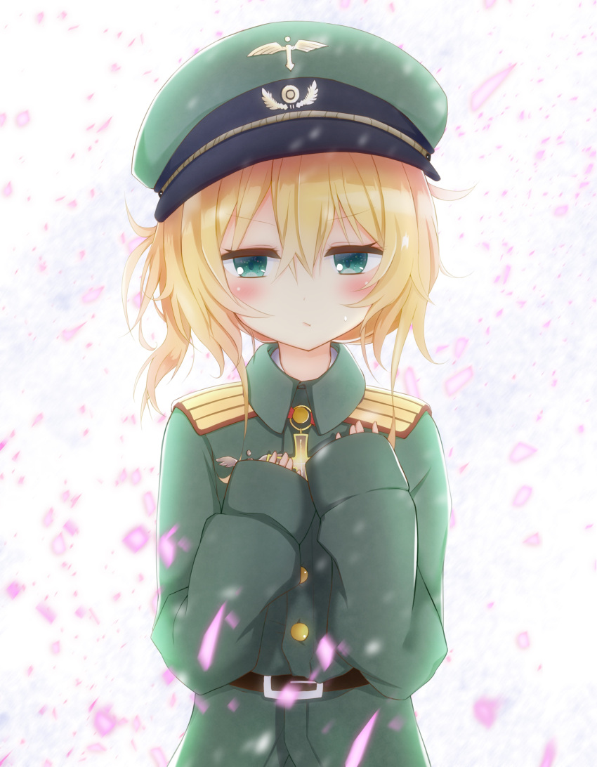 1girl absurdres aqua_eyes bangs belt belt_buckle blonde_hair blush buckle buttons cherry_blossoms coat commentary_request cross emblem eyebrows_visible_through_hair falling_petals green_coat hair_between_eyes hat highres jewelry long_sleeves looking_away messy_hair military military_hat military_uniform oversized_clothes pendant petals ponytail pout sleeves_past_wrists solo sweatdrop tanya_degurechaff uniform yamiarisu youjo_senki