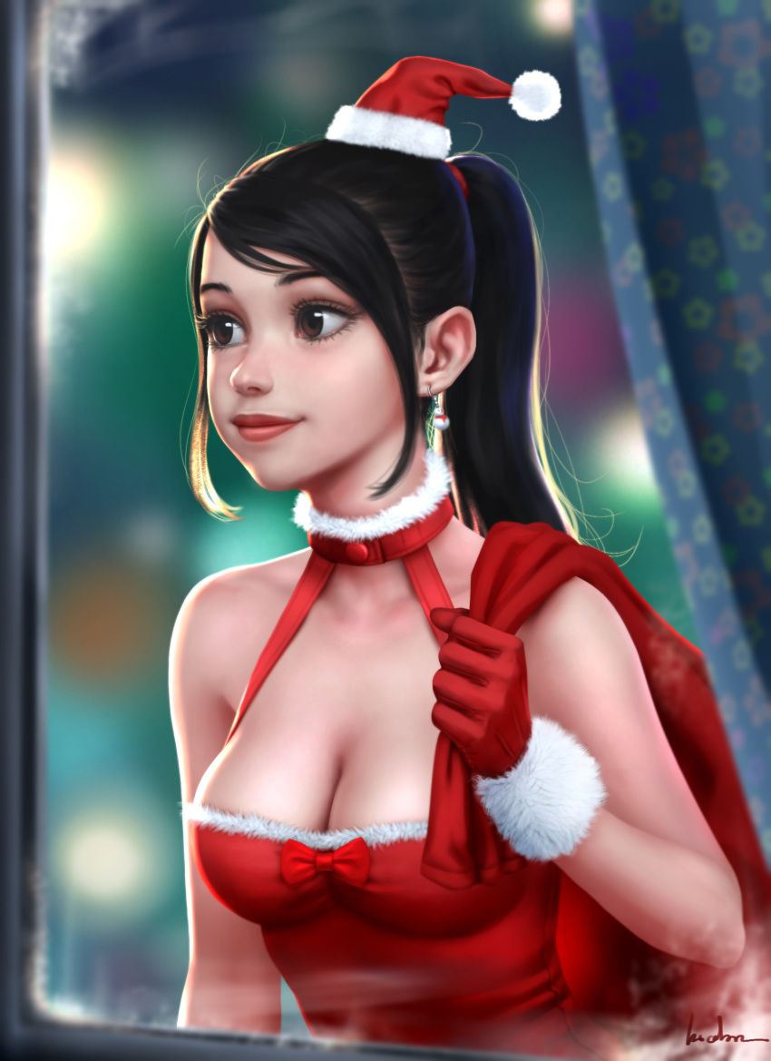 bag blurry breasts cleavage collar collarbone curtains depth_of_field earrings gloves gohpot hair_tie hat high_ponytail highres jewelry lipstick looking_away makeup medium_breasts original realistic red_gloves red_lipstick santa_costume santa_hat sidelocks signature smile upper_body window